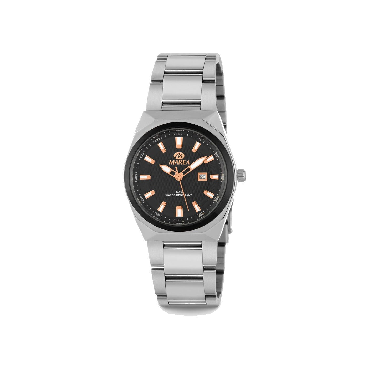 Reloj para mujer Marea, caja de acero inoxidable color plateada de 34 mm, brazalete de acero color plateado, esfera negra con bisel negro