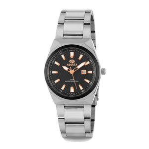 Reloj para mujer Marea, caja de acero inoxidable color plateada de 34 mm, brazalete de acero color plateado, esfera negra con bisel negro