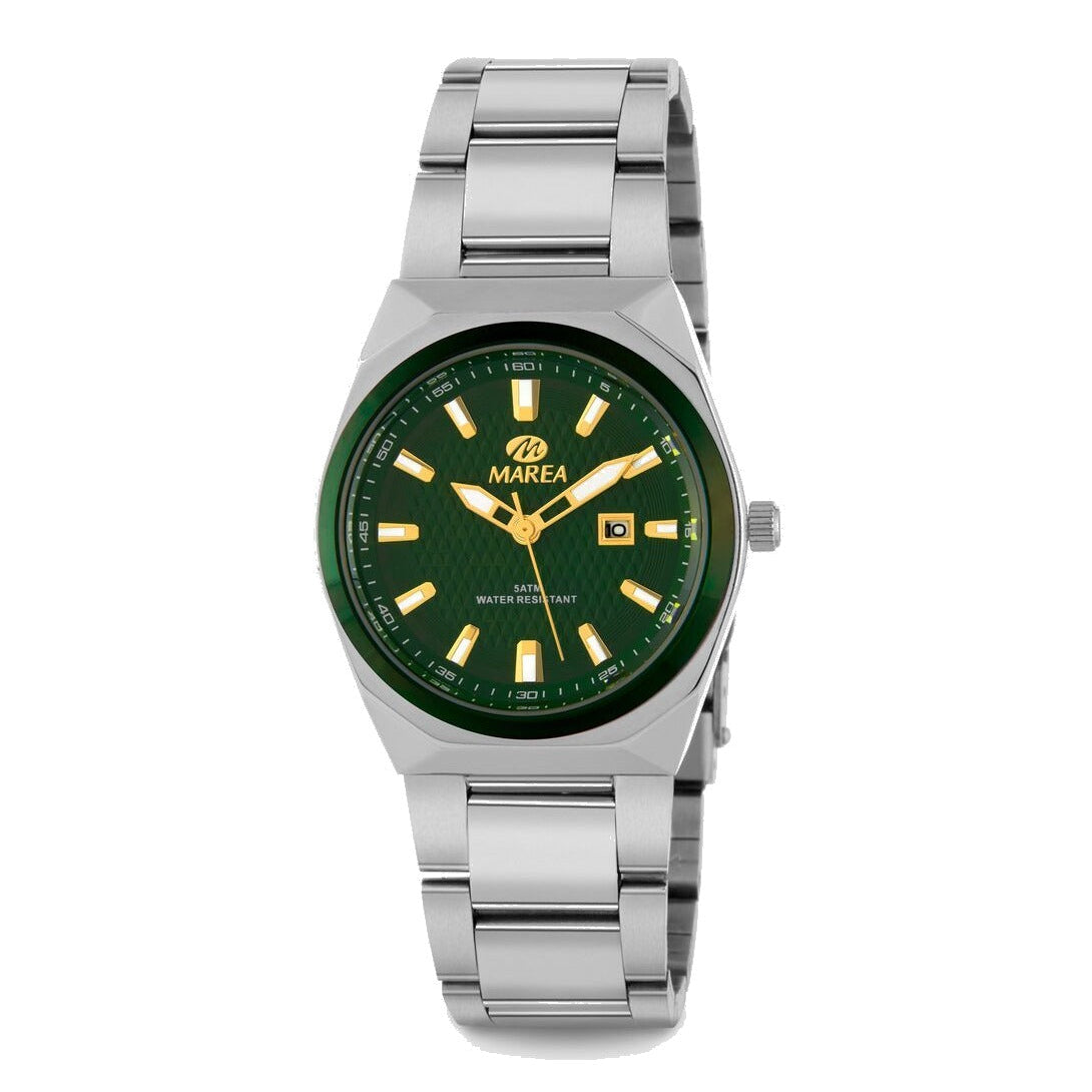 Reloj para mujer Marea, caja de acero inoxidable color plateada de 34 mm, brazalete de acero color plateado, esfera verde con bisel verde
