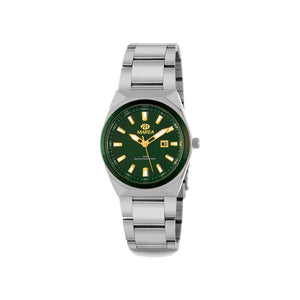 Reloj para mujer Marea, caja de acero inoxidable color plateada de 34 mm, brazalete de acero color plateado, esfera verde con bisel verde