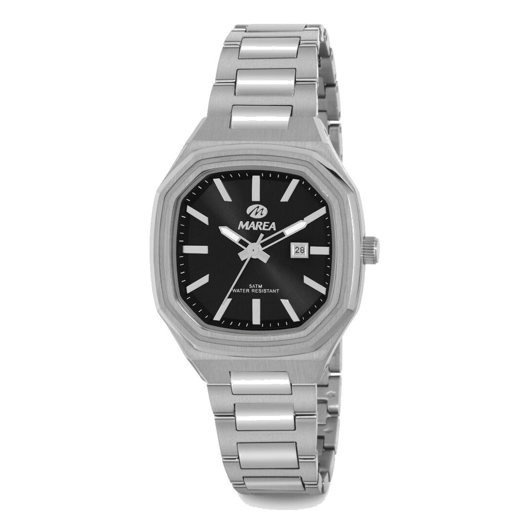 Reloj para mujer Marea, caja de metal color plateada de 34 mm, brazalete de acero color plateado, esfera negra con detalles plateados