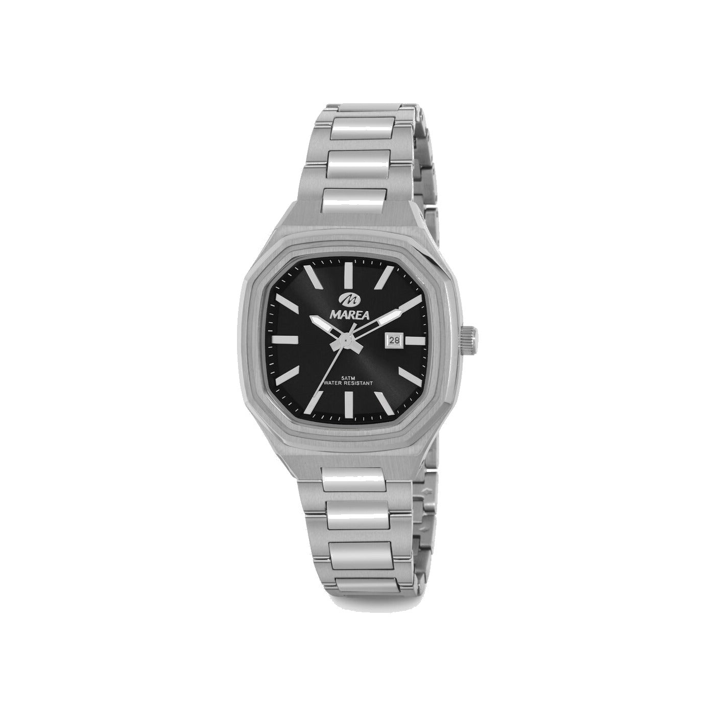 Reloj para mujer Marea, caja de metal color plateada de 34 mm, brazalete de acero color plateado, esfera negra con detalles plateados