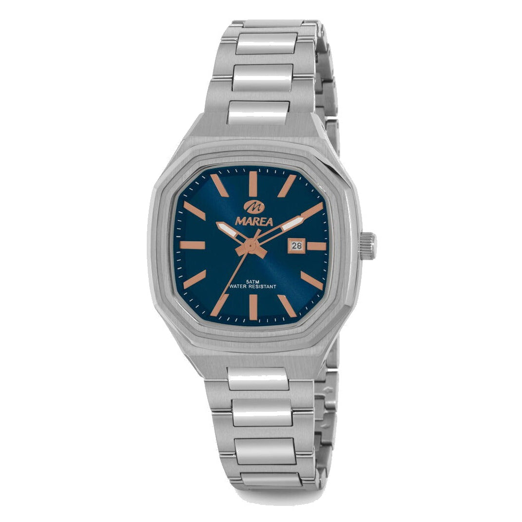 Reloj para mujer Marea, caja de metal color plateada de 34 mm, brazalete de acero color plateado, esfera azul marino con detalles rose gold