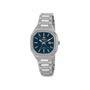Reloj para mujer Marea, caja de metal color plateada de 34 mm, brazalete de acero color plateado, esfera azul marino con detalles rose gold
