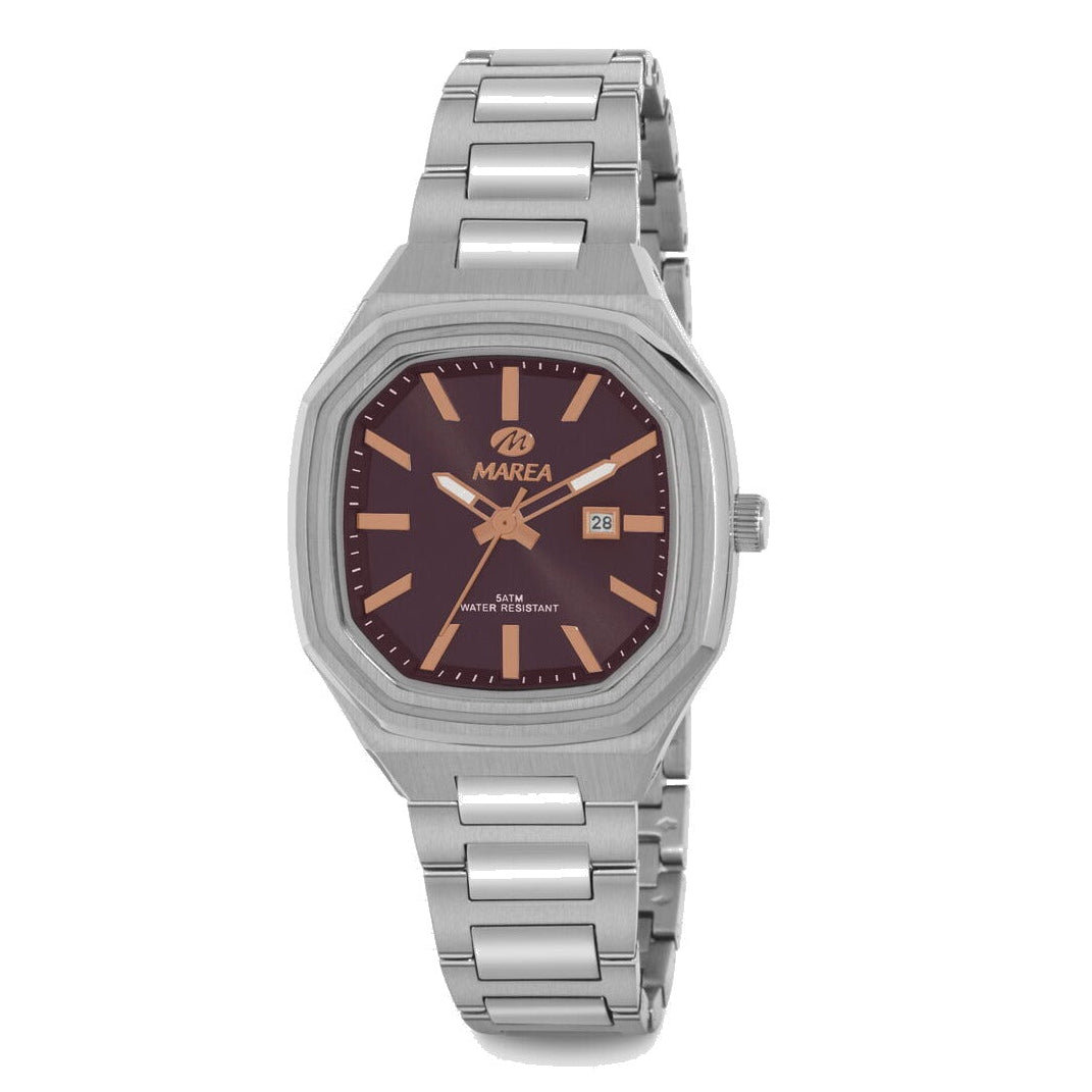 Reloj para mujer Marea, caja de metal color plateada de 34 mm, brazalete de acero color plateado, esfera marrón con detalles rose gold