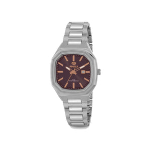 Reloj para mujer Marea, caja de metal color plateada de 34 mm, brazalete de acero color plateado, esfera marrón con detalles rose gold