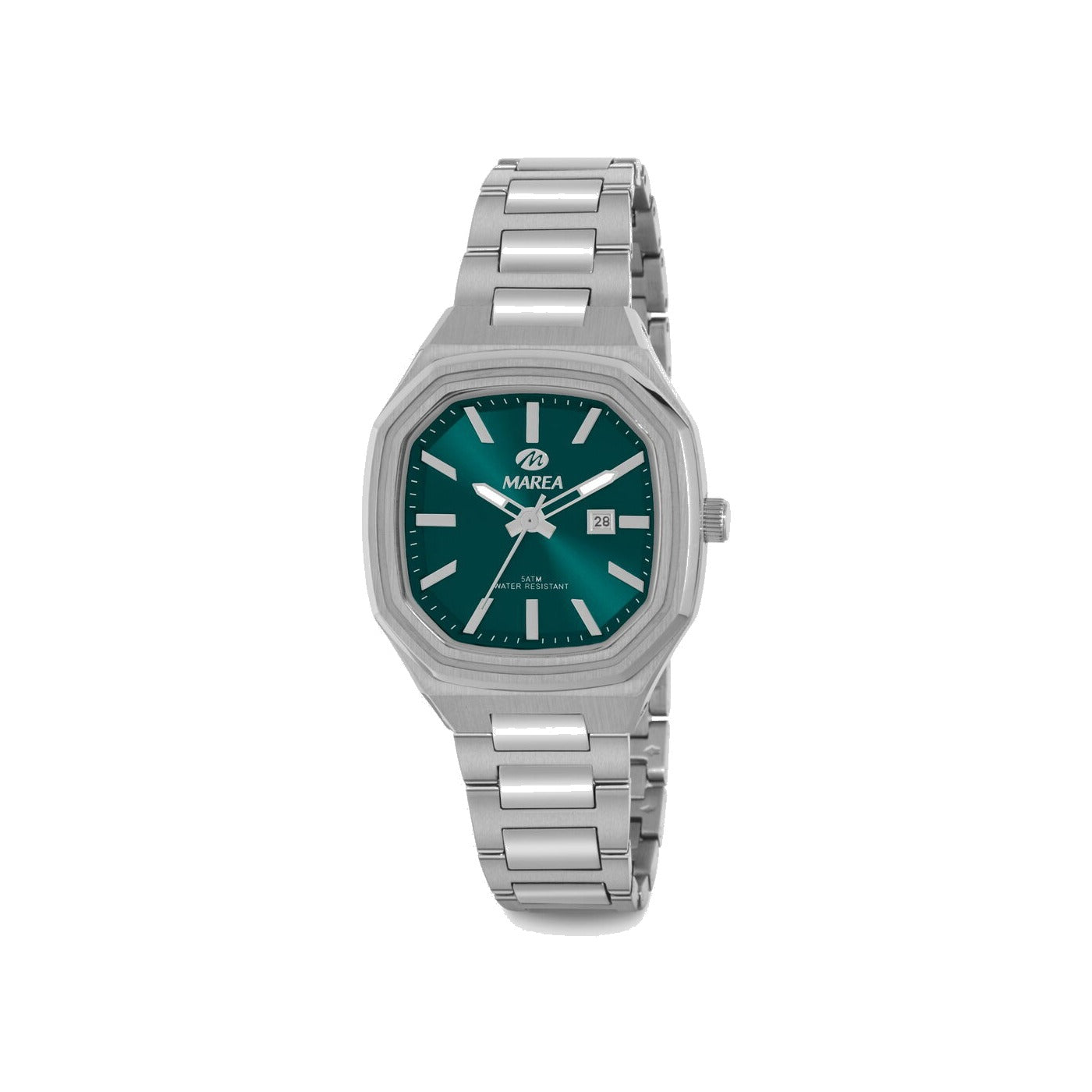 Reloj para mujer Marea, caja de metal color plateada de 34 mm, brazalete de acero color plateado, esfera verde con detalles plateados