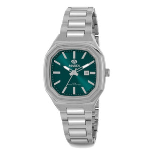 Reloj para mujer Marea, caja de metal color plateada de 34 mm, brazalete de acero color plateado, esfera verde con detalles plateados