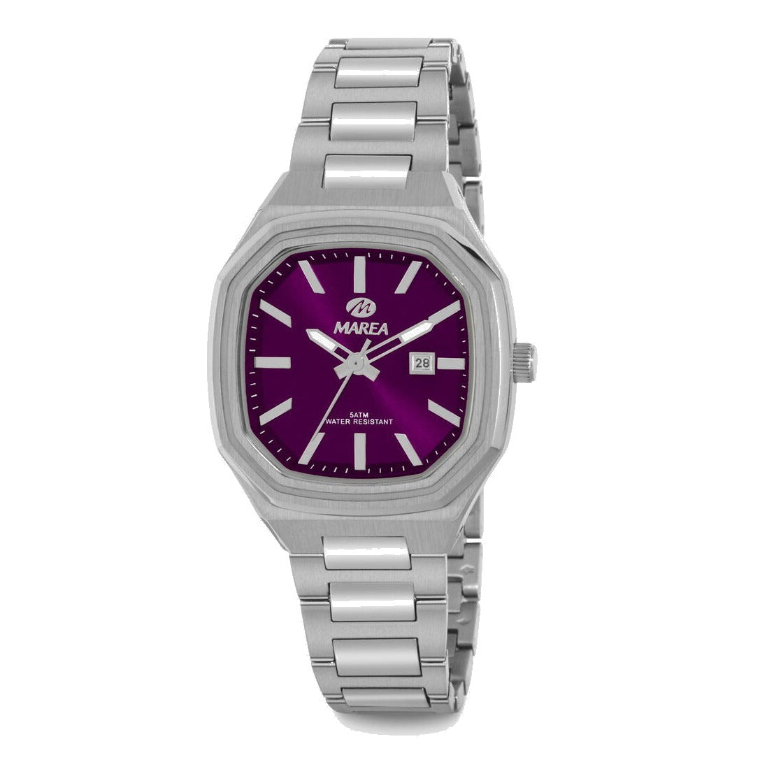 Reloj para mujer Marea, caja de metal color plateada de 34 mm, brazalete de acero color plateado, esfera burdeos con detalles plateados