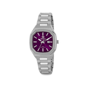 Reloj para mujer Marea, caja de metal color plateada de 34 mm, brazalete de acero color plateado, esfera burdeos con detalles plateados