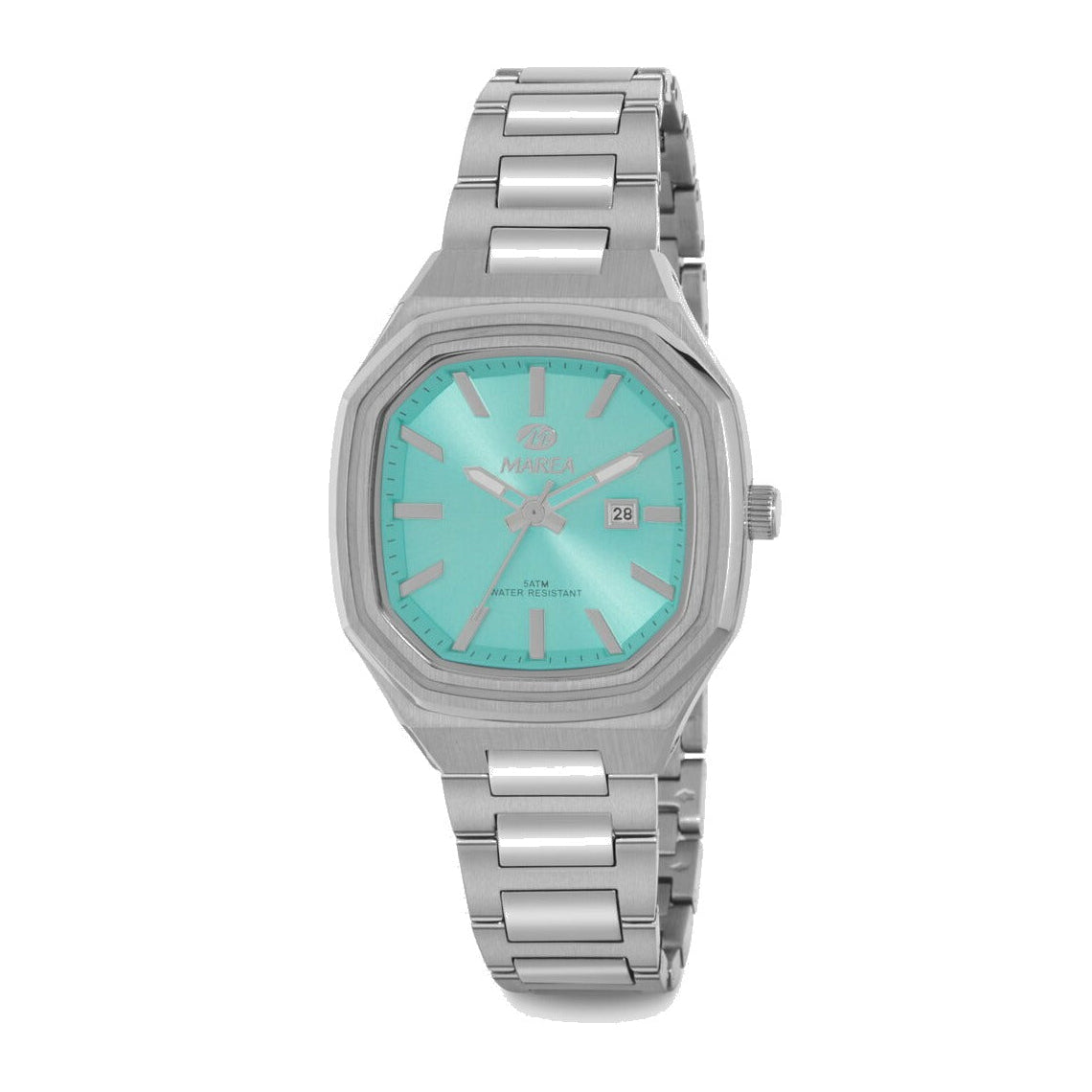 Reloj para mujer Marea, caja de metal color plateada de 34 mm, brazalete de acero color plateado, esfera plateada con detalles dorados