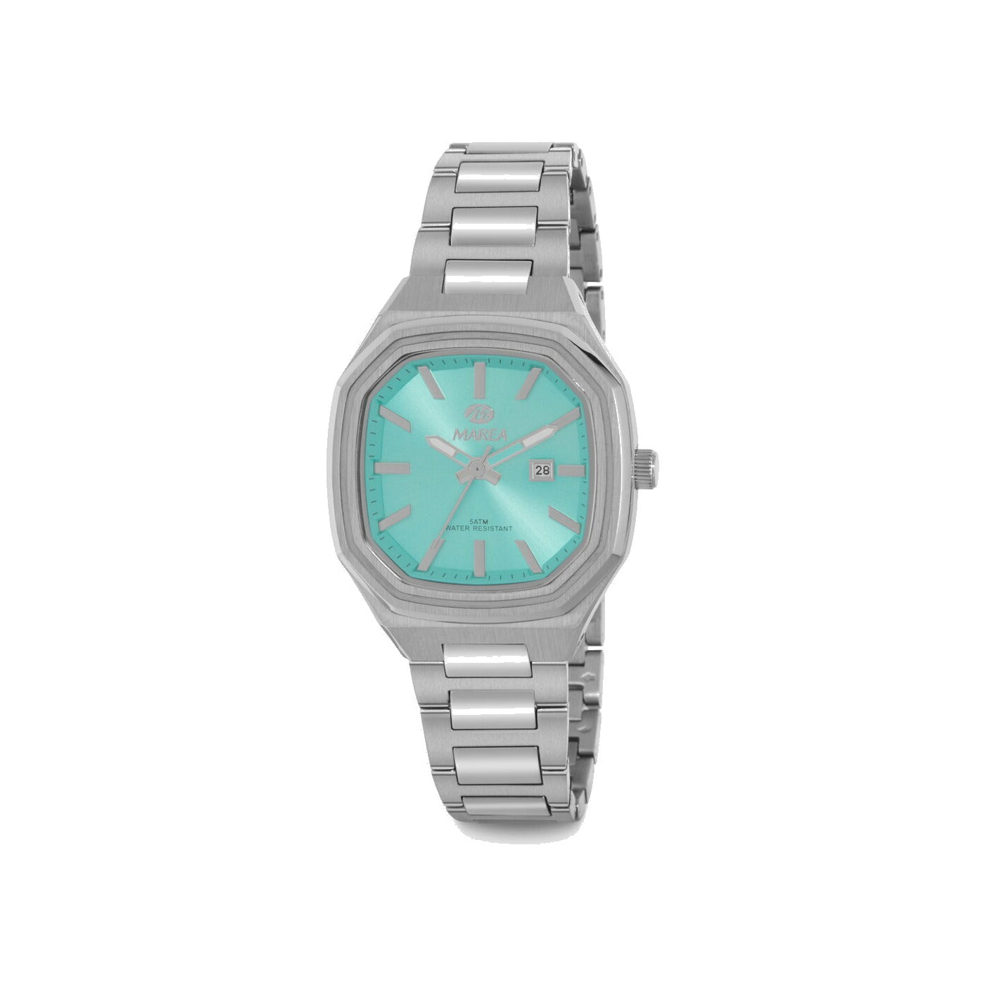 Reloj para mujer Marea, caja de metal color plateada de 34 mm, brazalete de acero color plateado, esfera plateada con detalles dorados