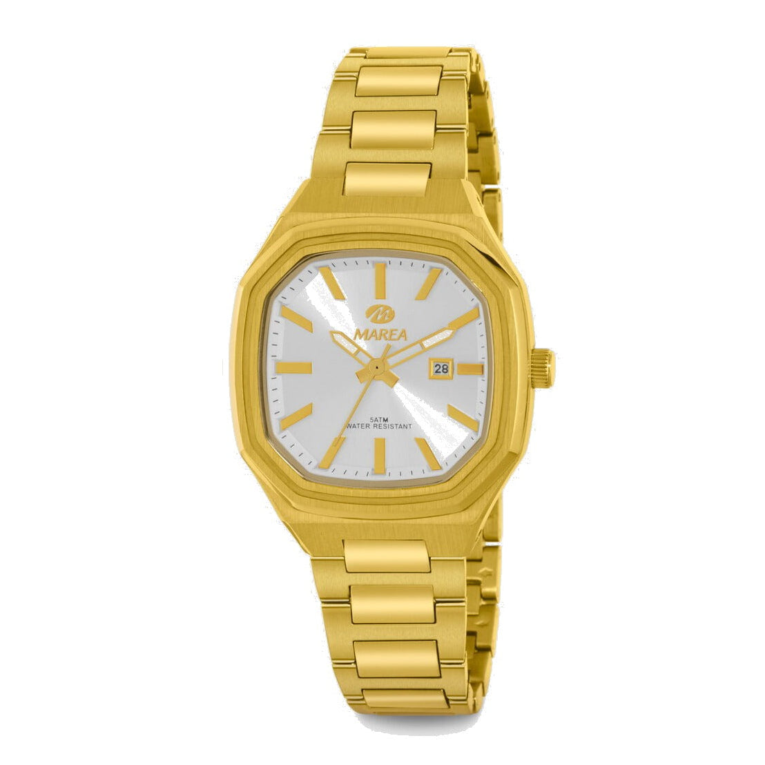 Reloj para mujer Marea, caja de metal color dorada de 34 mm, brazalete de acero color dorado, esfera plateada