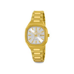 Reloj para mujer Marea, caja de metal color dorada de 34 mm, brazalete de acero color dorado, esfera plateada