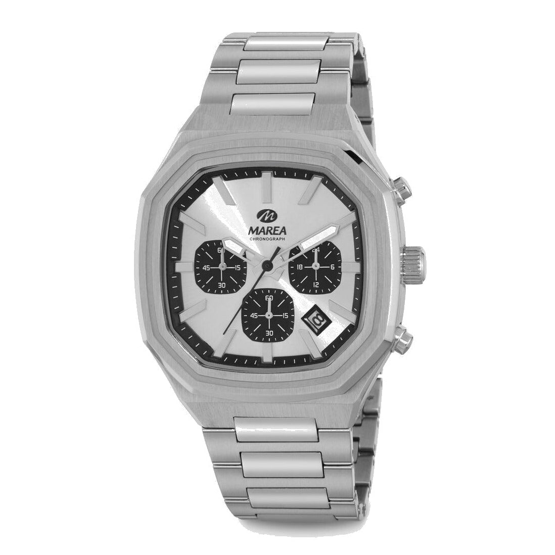 Reloj para hombre Marea, caja de acero inoxidable color plateada de 42 mm, brazalete de acero color plateado, esfera plateada con cronómetro en color negro