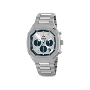 Reloj para hombre Marea, caja de acero inoxidable color plateada de 42 mm, brazalete de acero color plateado, esfera plateada con cronómetro en color azul