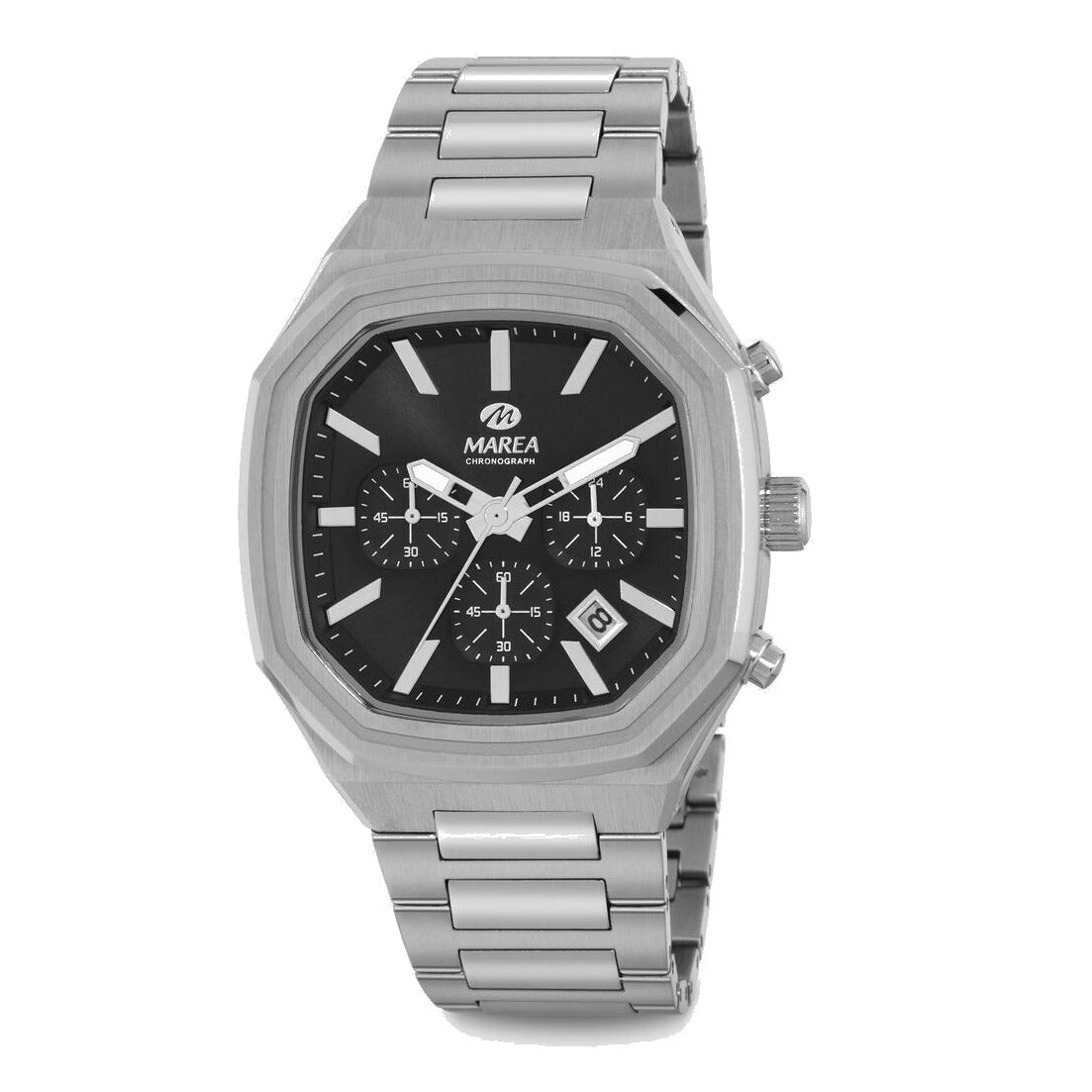 Reloj para hombre Marea, caja de acero inoxidable color plateada de 42 mm, brazalete de acero color plateado, esfera negra