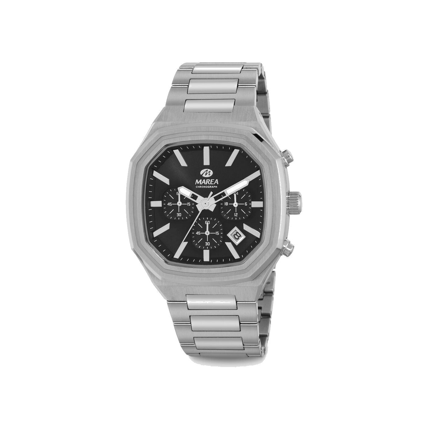 Reloj para hombre Marea, caja de acero inoxidable color plateada de 42 mm, brazalete de acero color plateado, esfera negra