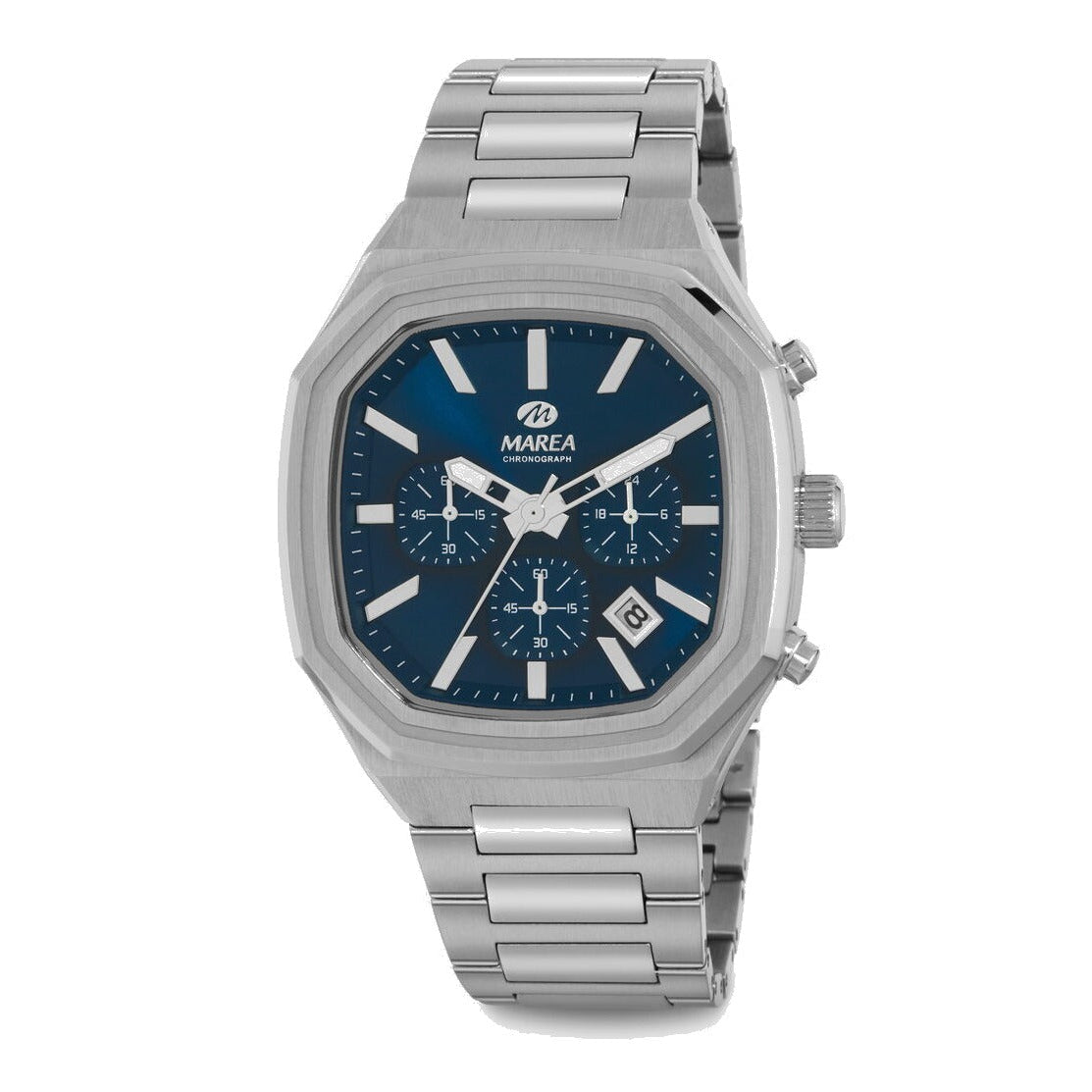 Reloj para hombre Marea, caja de acero inoxidable color plateada de 42 mm, brazalete de acero color plateado, esfera azul marino
