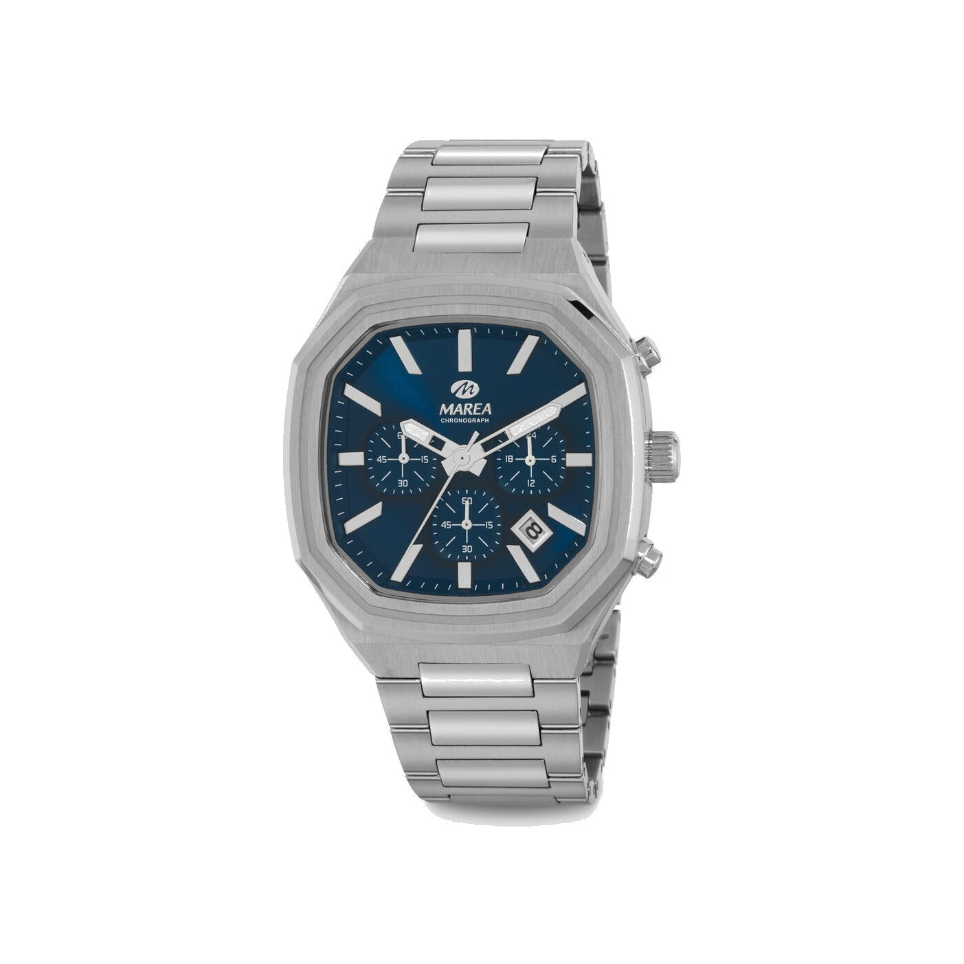 Reloj para hombre Marea, caja de acero inoxidable color plateada de 42 mm, brazalete de acero color plateado, esfera azul marino