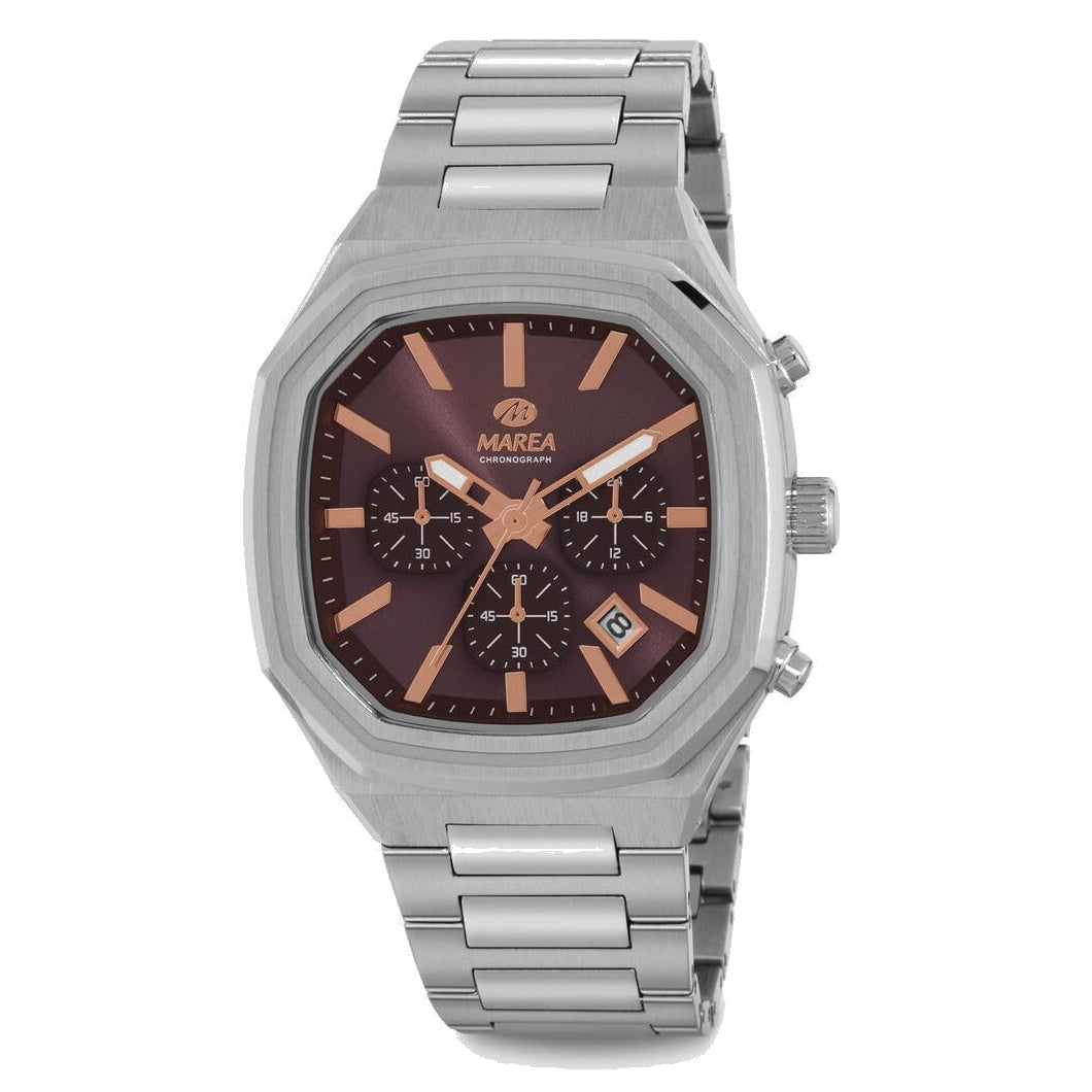 Reloj para hombre Marea, caja de acero inoxidable color plateada de 42 mm, brazalete de acero color plateado, esfera marrón