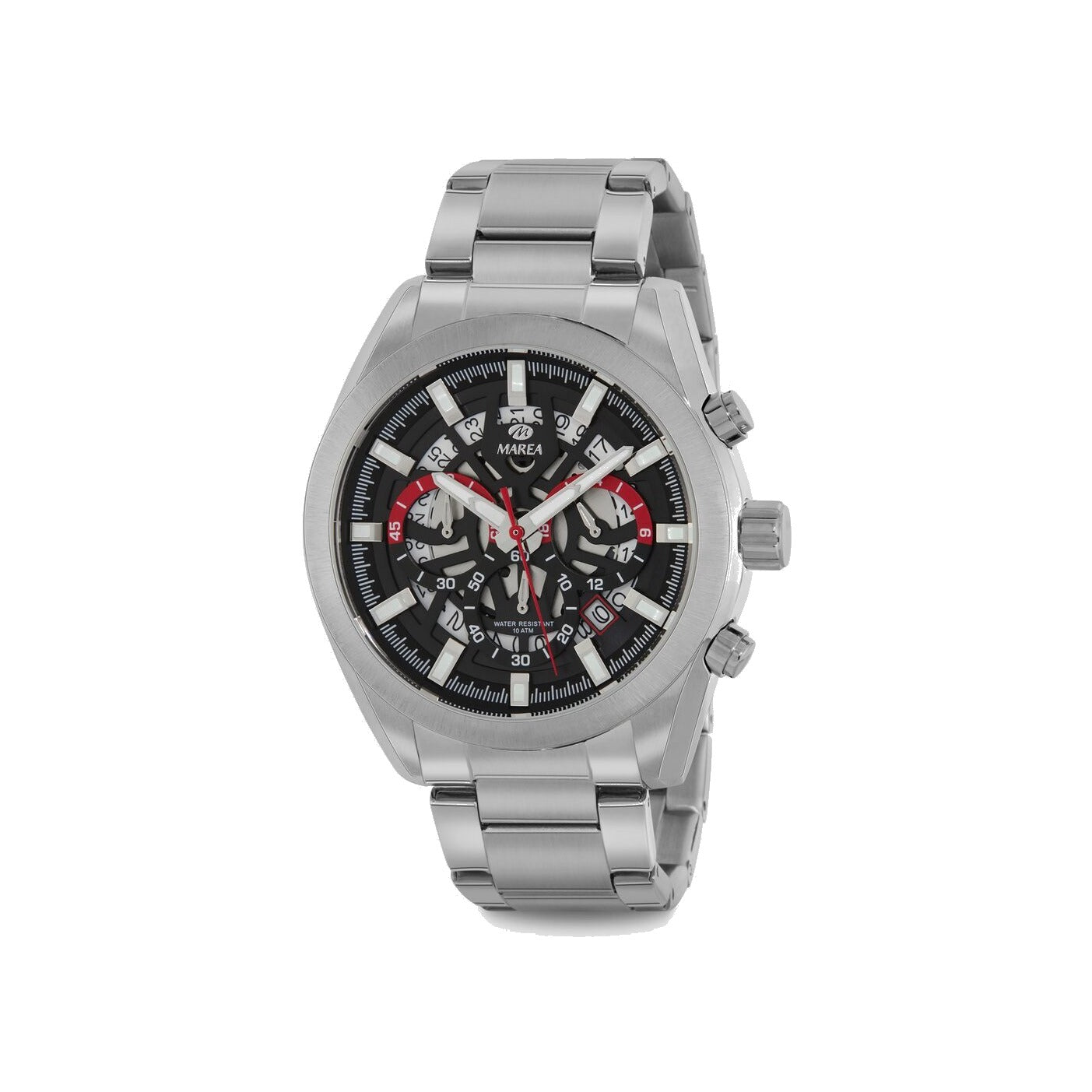 Reloj para hombre Marea, caja de acero inoxidable color plateada de 45 mm, brazalete de acero color plateado, esfera negra