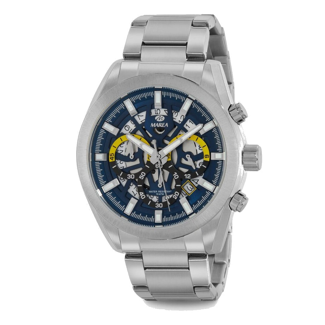 Reloj para hombre Marea, caja de acero inoxidable color plateada de 45 mm, brazalete de acero color plateado, esfera azul marino