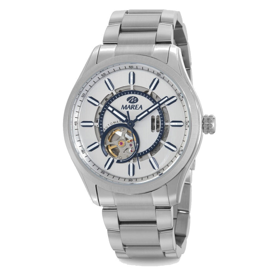 Reloj para hombre Marea, caja de acero inoxidable color plateada de 43 mm, brazalete de acero color plateado, esfera blanca