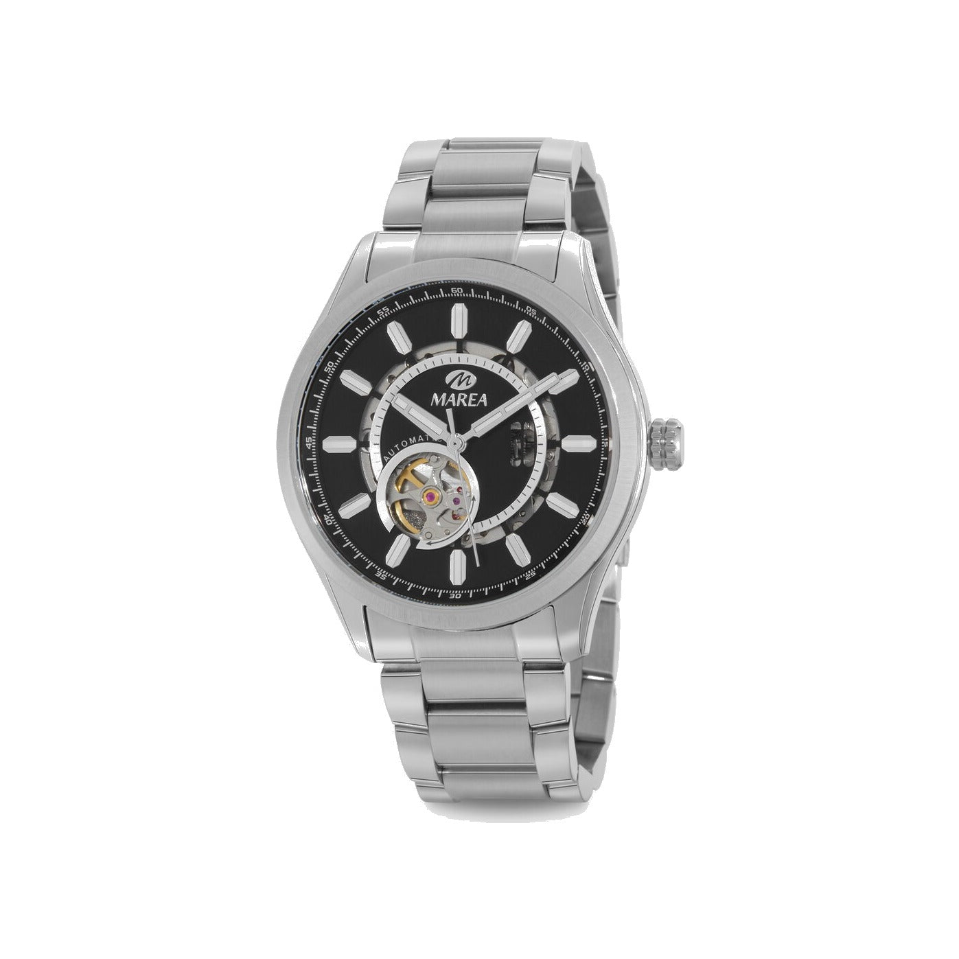Reloj para hombre Marea, caja de acero inoxidable color plateada de 43 mm, brazalete de acero color plateado, esfera negra