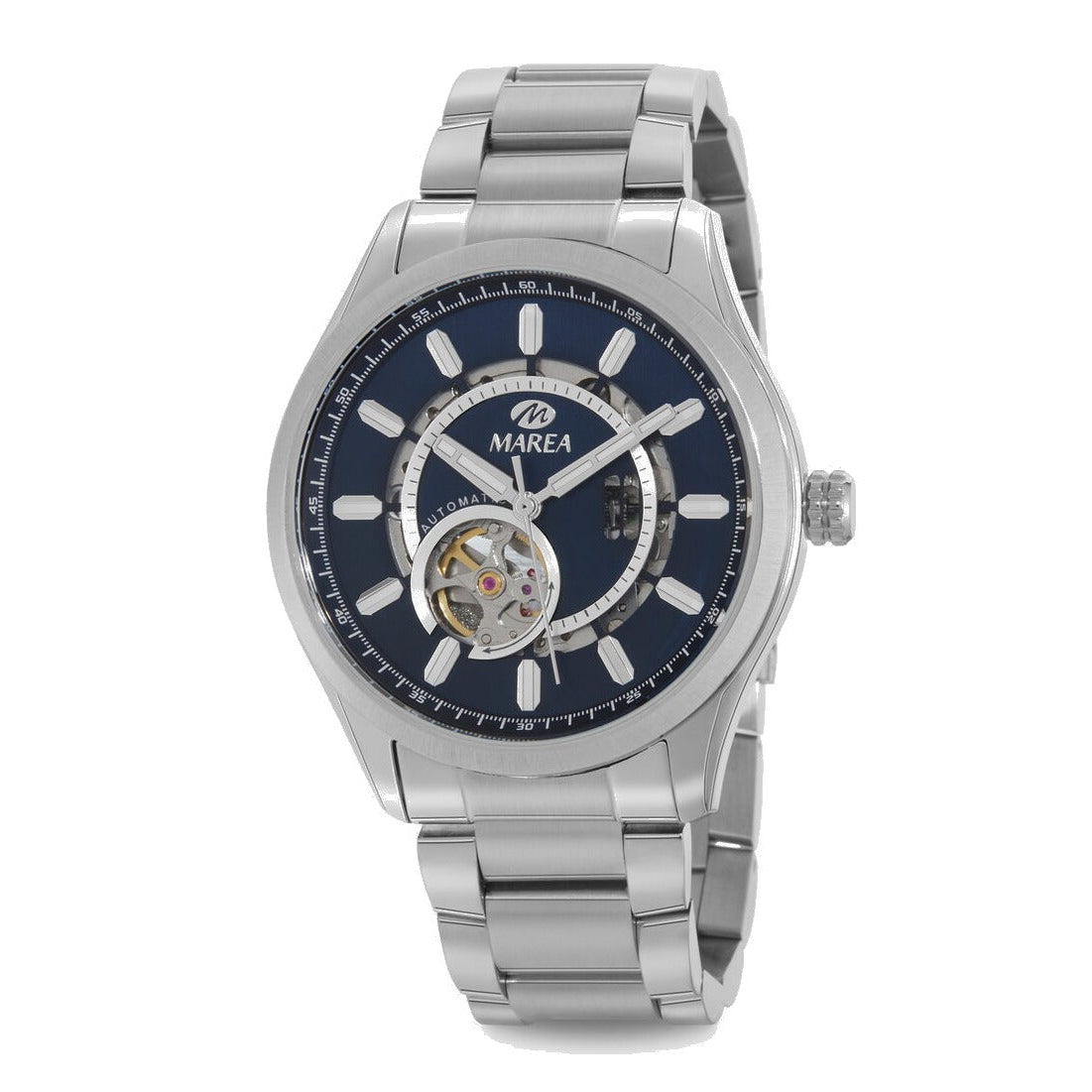 Reloj para hombre Marea, caja de acero inoxidable color plateada de 43 mm, brazalete de acero color plateado, esfera azul marino