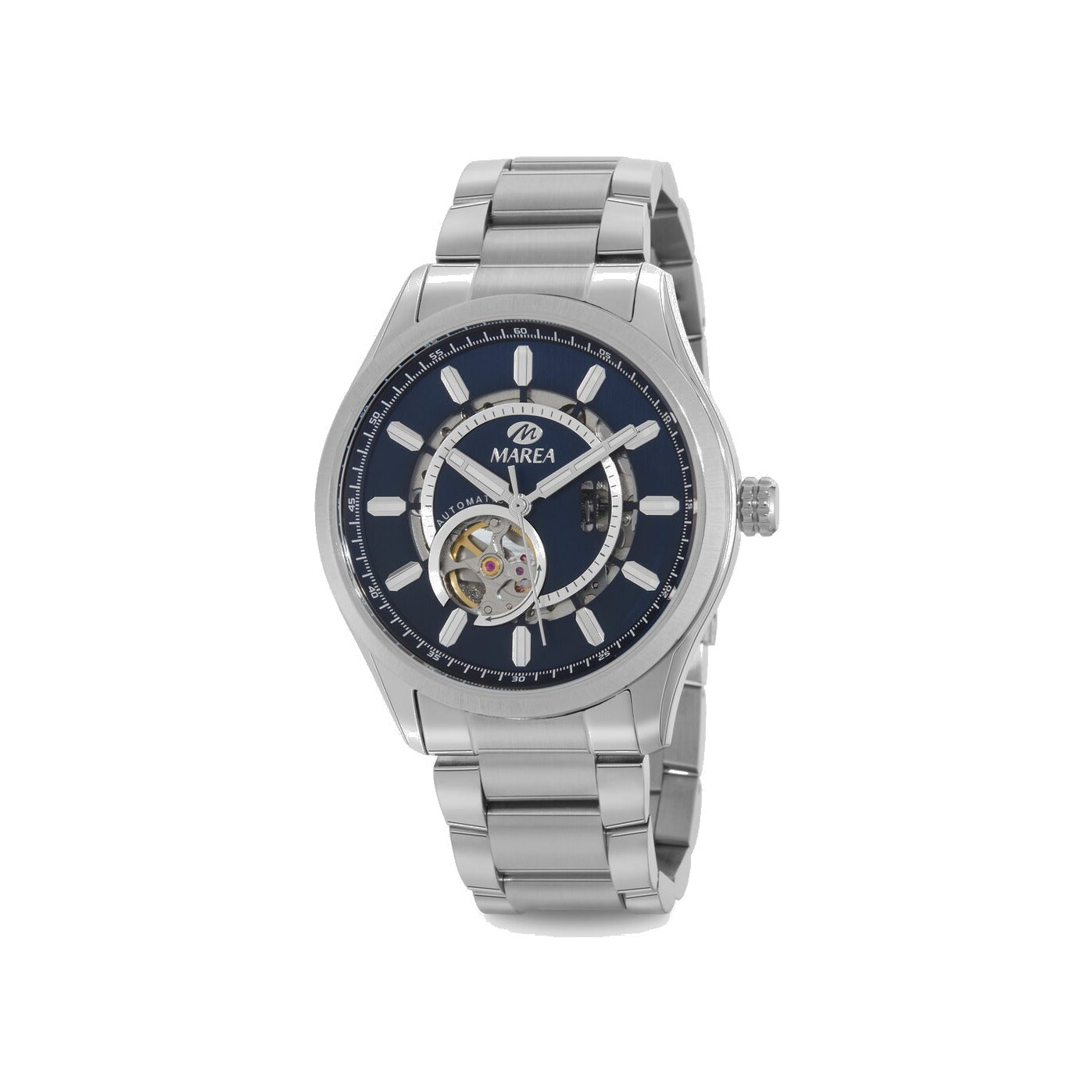 Reloj para hombre Marea, caja de acero inoxidable color plateada de 43 mm, brazalete de acero color plateado, esfera azul marino