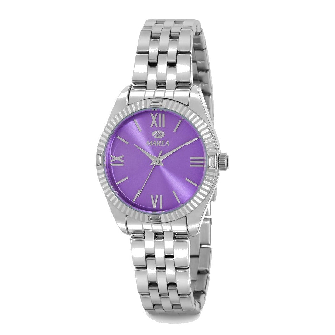 Reloj para mujer Marea, caja de metal color plateada de 33 mm, brazalete de acero color plateado, esfera lila