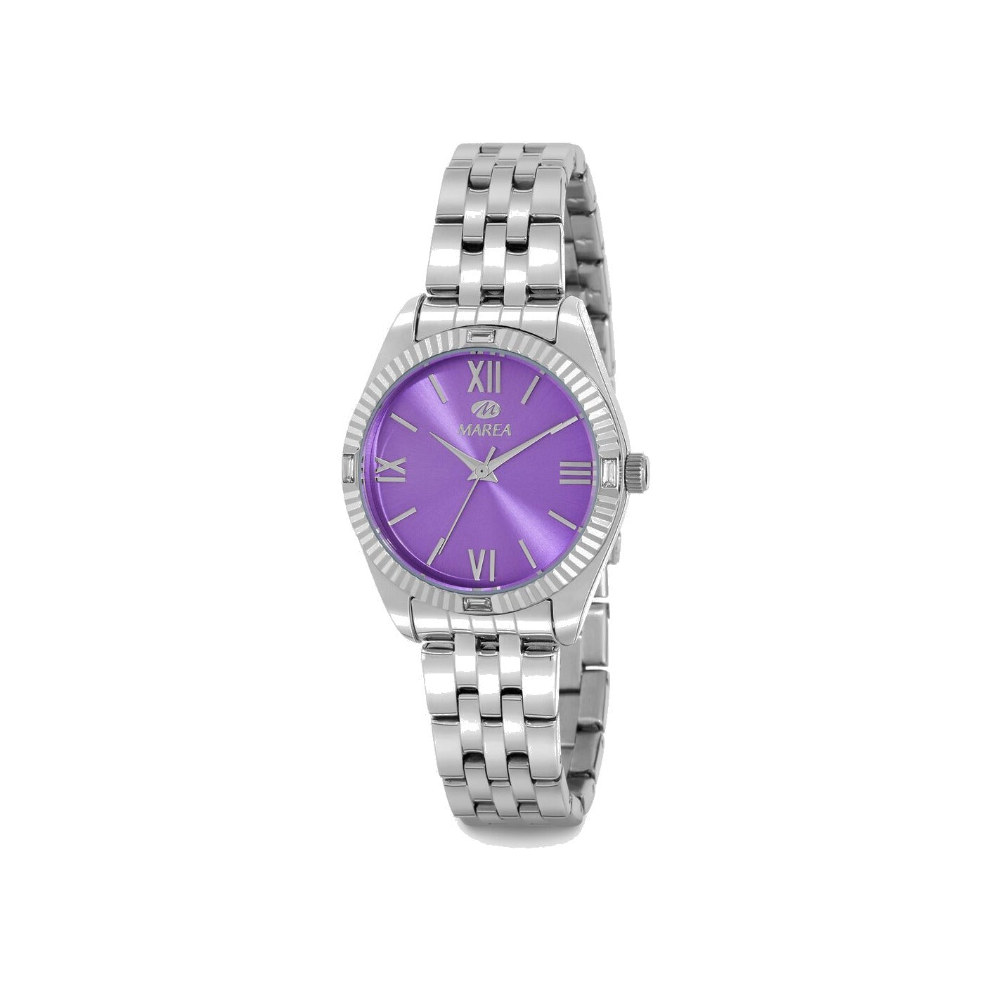 Reloj para mujer Marea, caja de metal color plateada de 33 mm, brazalete de acero color plateado, esfera lila