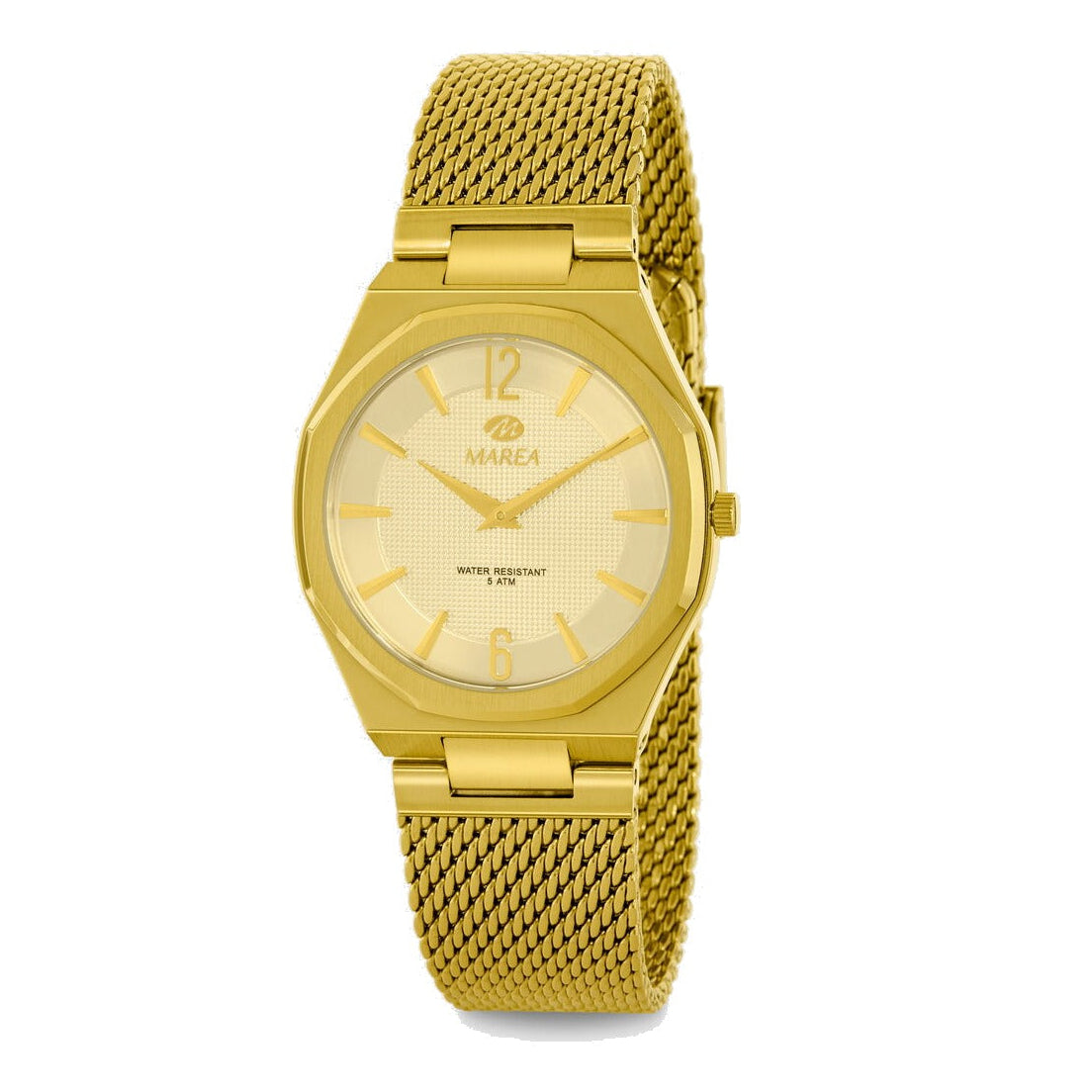 Reloj para mujer Marea, caja de acero inoxidable color dorada de 32 mm, brazalete de acero color dorado, esfera dorada