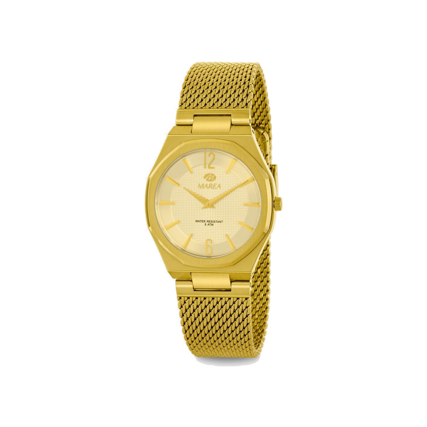 Reloj para mujer Marea, caja de acero inoxidable color dorada de 32 mm, brazalete de acero color dorado, esfera dorada