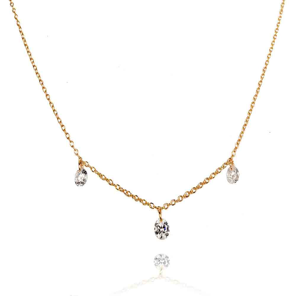 Colgante con tres circonitas en plata de ley 925 con baño de oro, cadena 40+5 cm