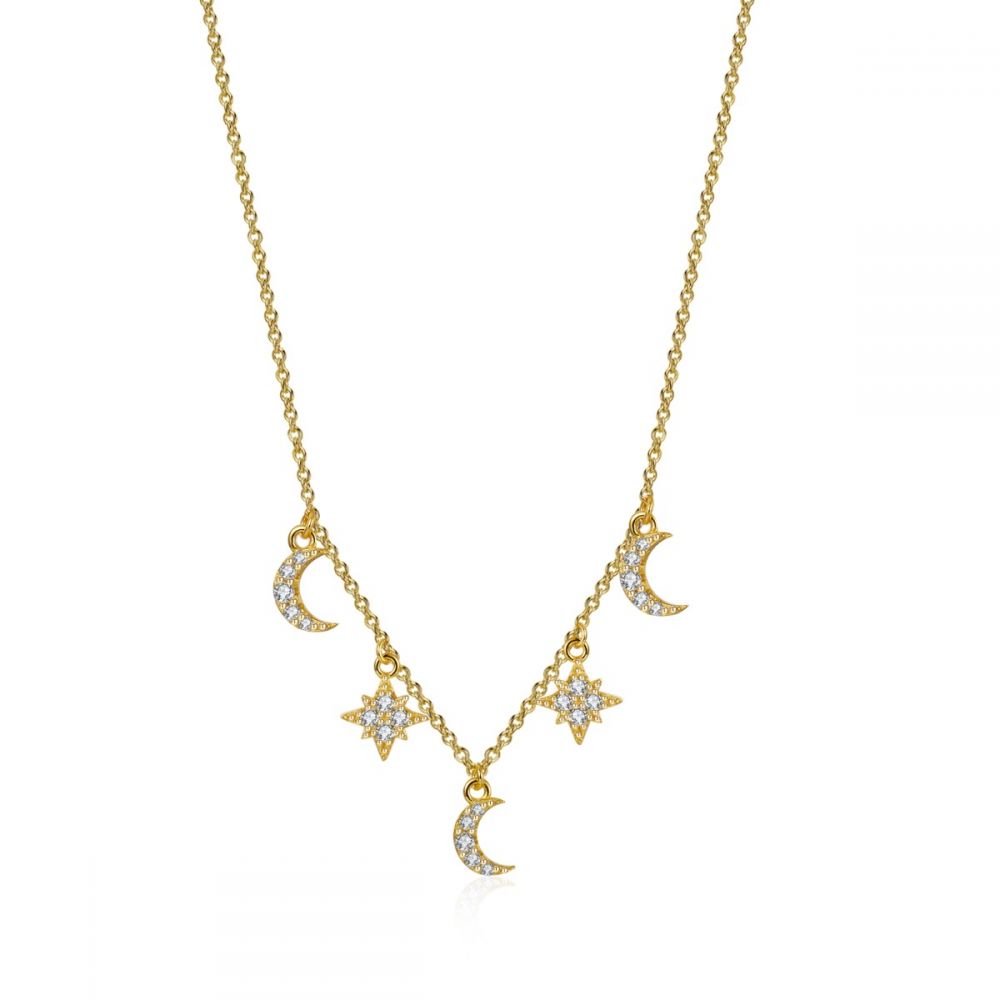 Colgante de estrella y luna con circonitas, plata de ley 925 con baño de oro