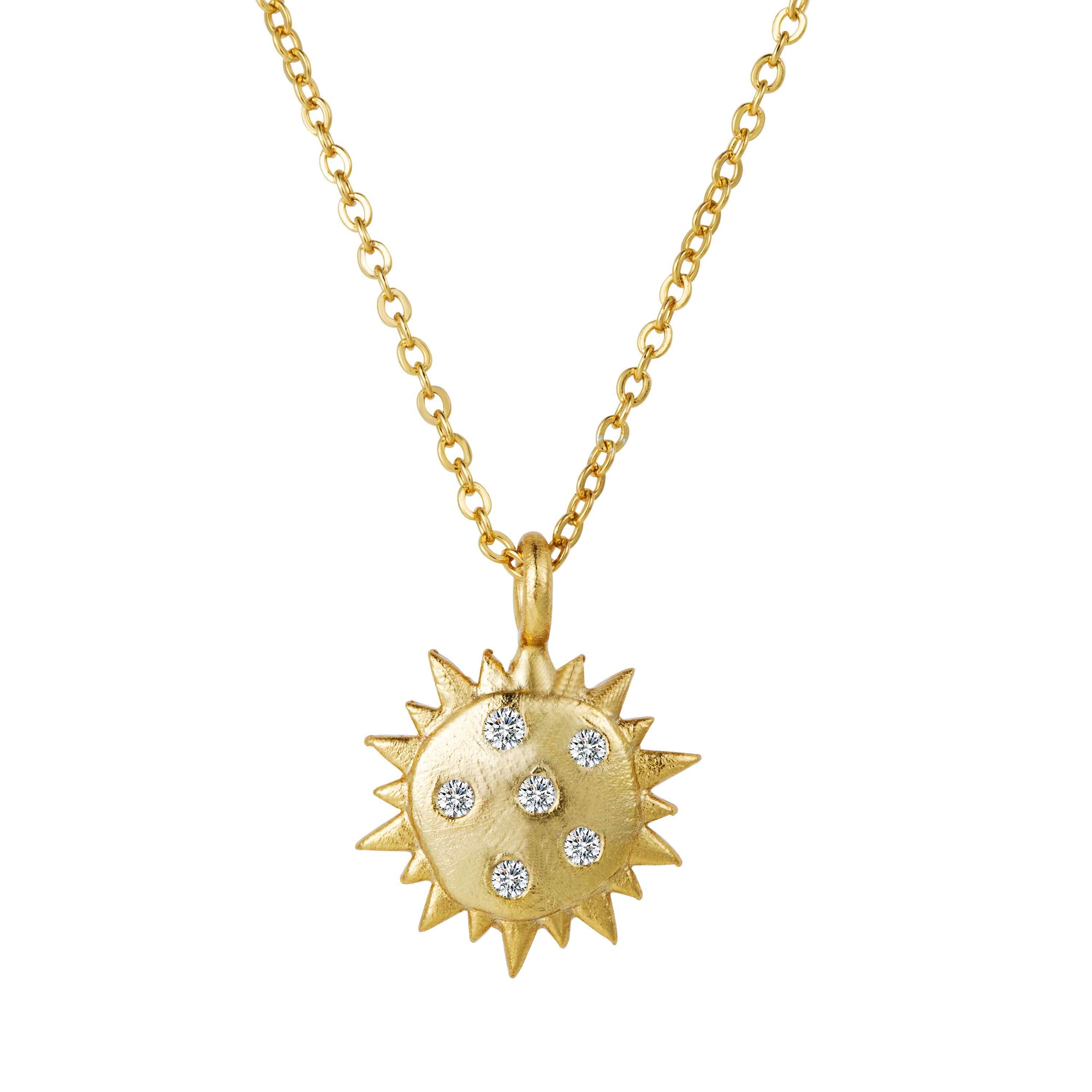 Collar con colgante de sol de circonitas blancas en plata bañada en oro, cadena de 45 cm