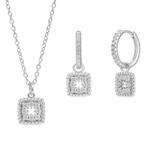 Pendientes y colgante de plata de ley cuajo cuadrado de circonitas