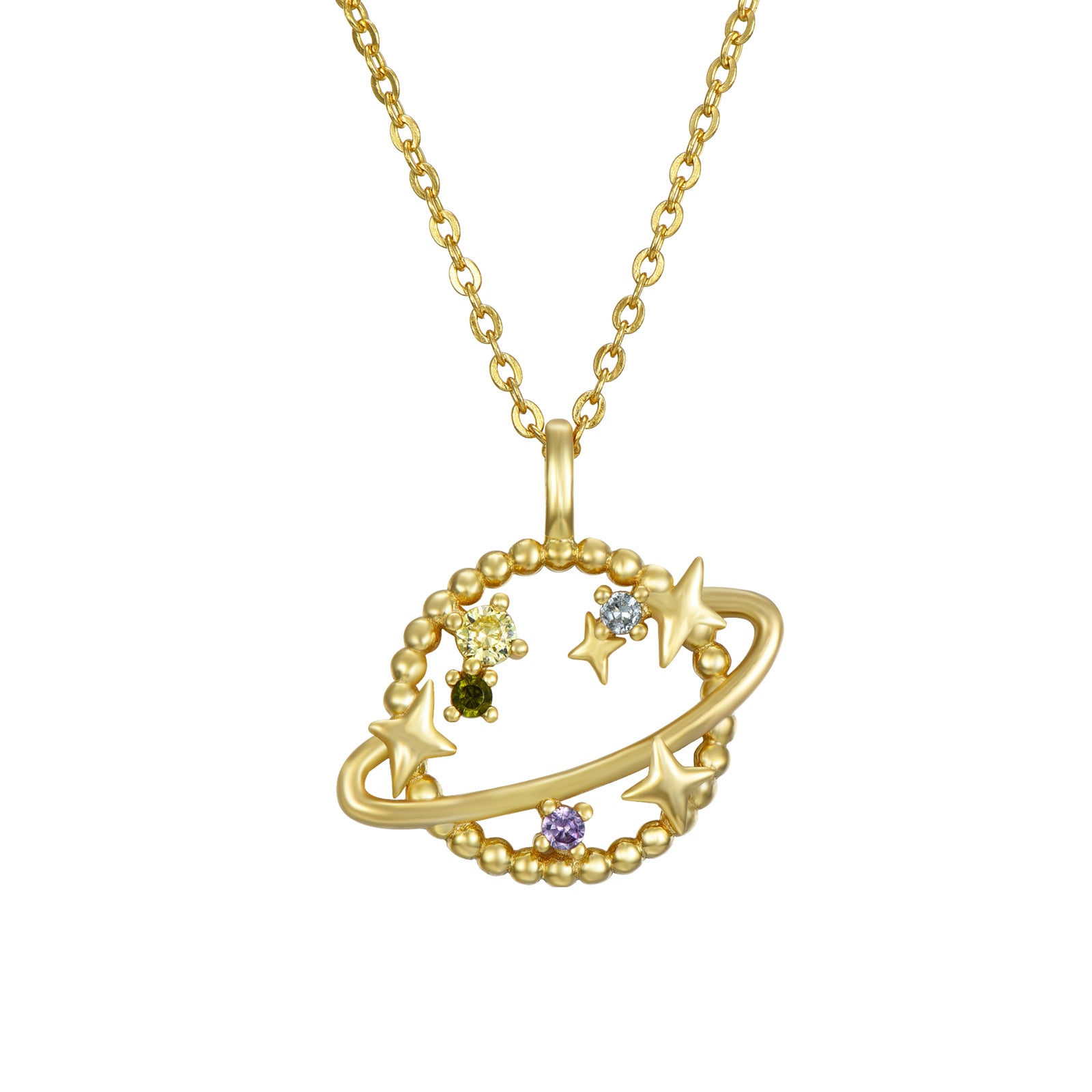 Gargantilla con colgante de Saturno de circonitas multicolor en plata bañada en oro, 15 mm
