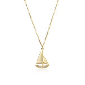 Collar de plata de ley 925 con baño de oro de 18k con colgante de velero de circonitas, 20 mm