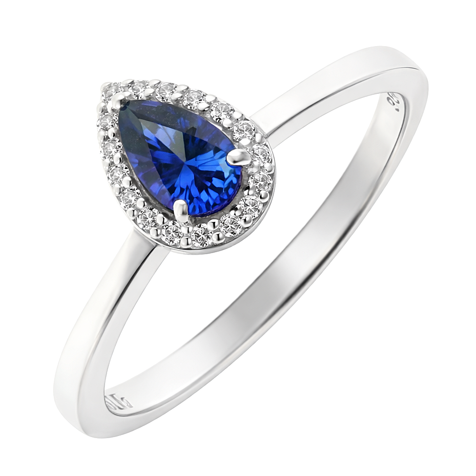 Anillo de Salvatore plata de ley con rosetón lágrima pequeño circonita color zafiro azul