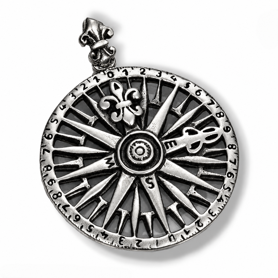 Colgante de plata de ley 925 rosa de los vientos con flor de lis