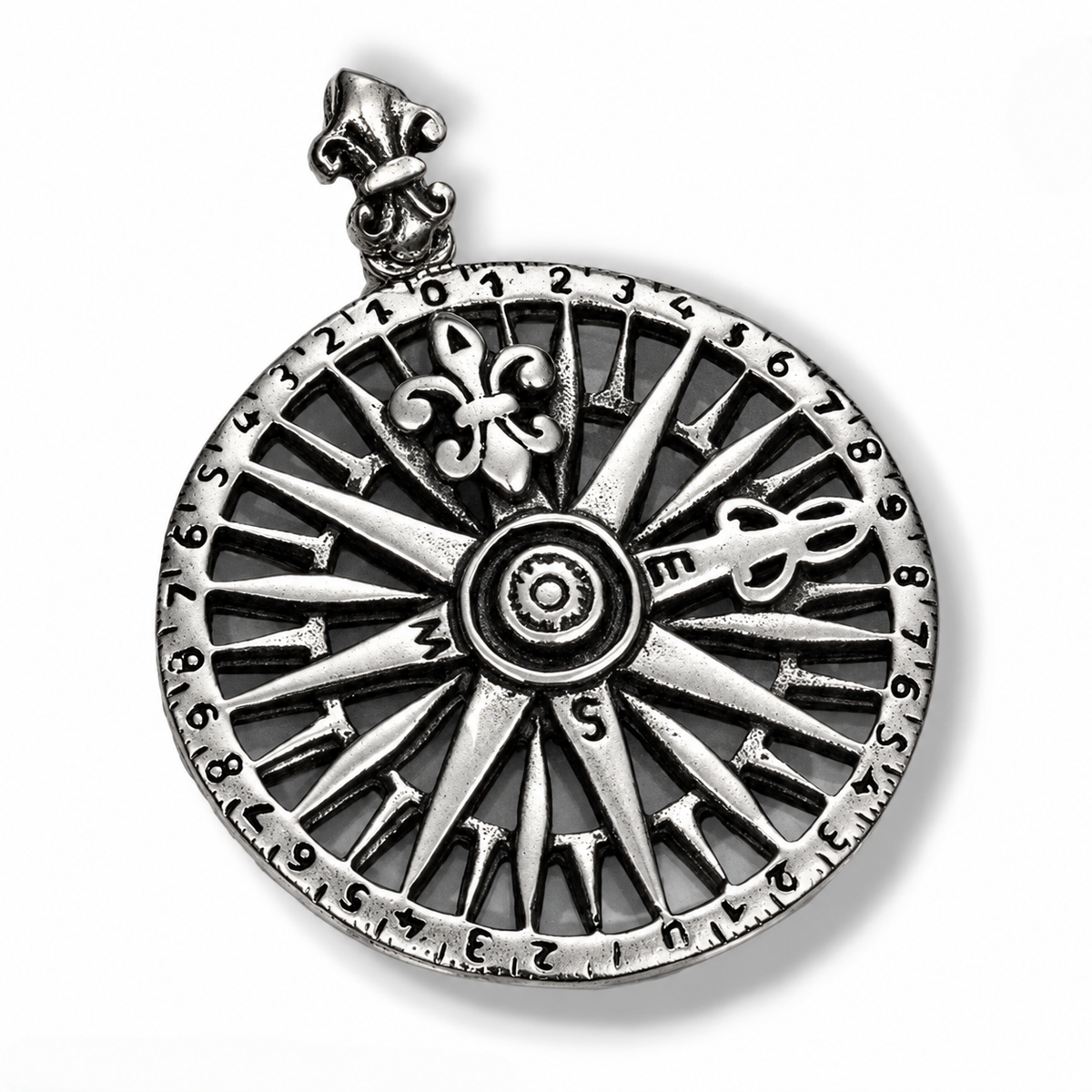 Colgante de plata de ley 925 rosa de los vientos con flor de lis