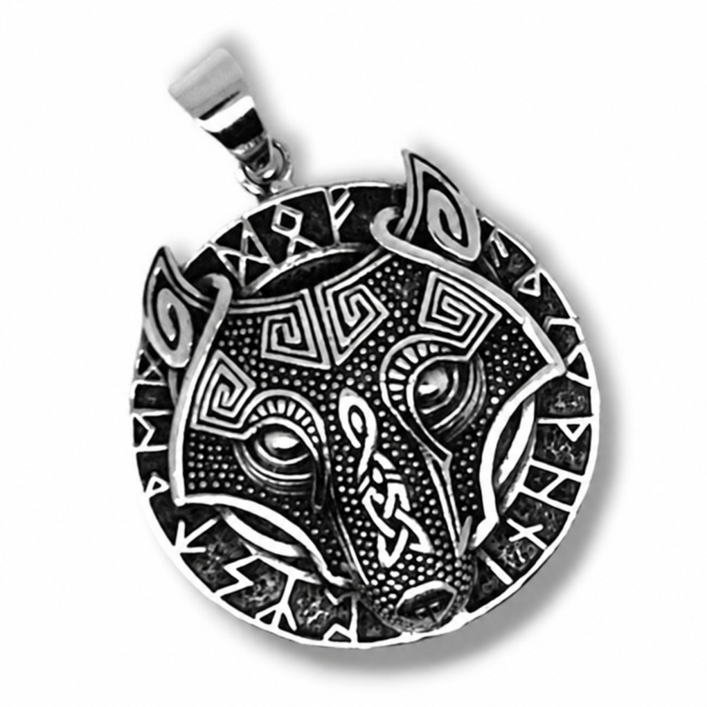 Colgante grande de plata de ley 925 lobo vikingo redondo con runas.