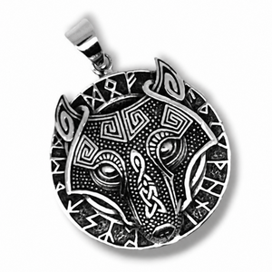 Colgante grande de plata de ley 925 lobo vikingo redondo con runas.