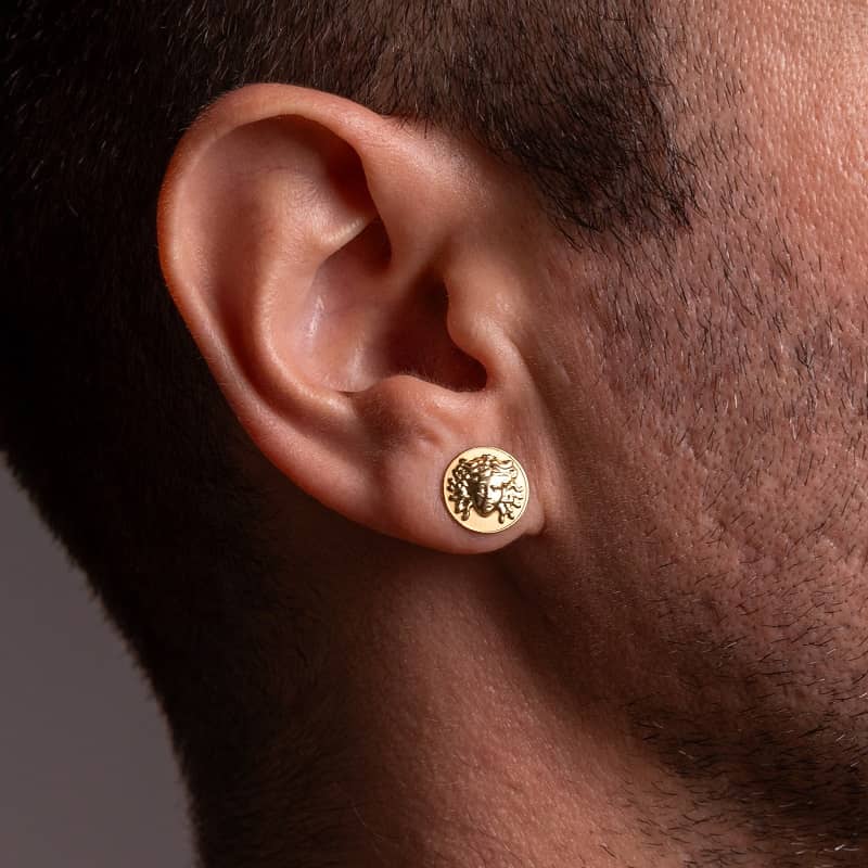 18K PENDIENTES ORO AMARILLO REDONDOS CON MEDUSA 12 MM BRILLO Y MATE PRESION