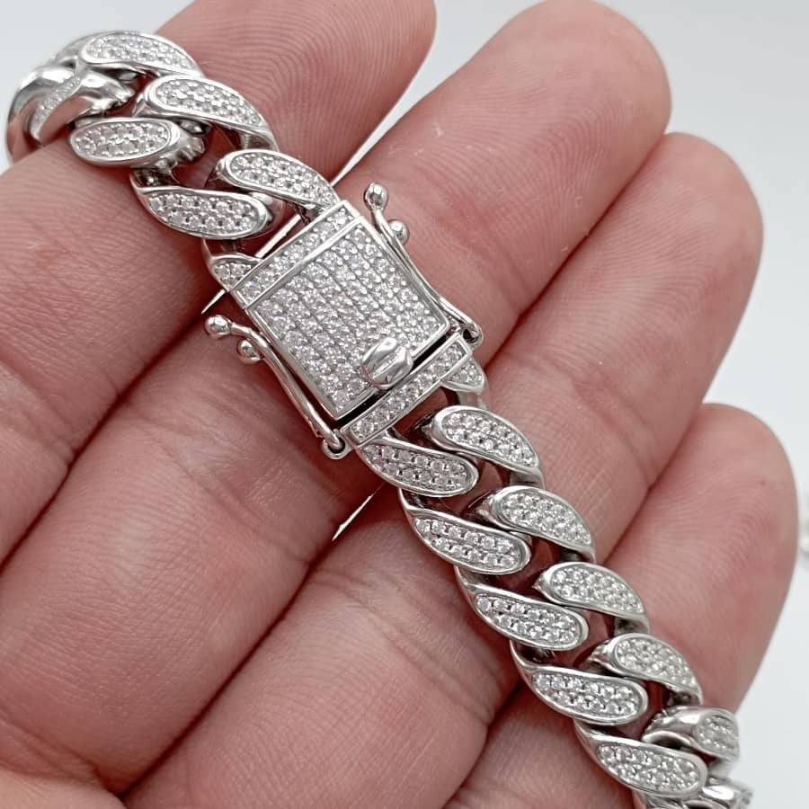 Pulsera de plata de ley 925 cubana con circonitas ancha detalle cierre