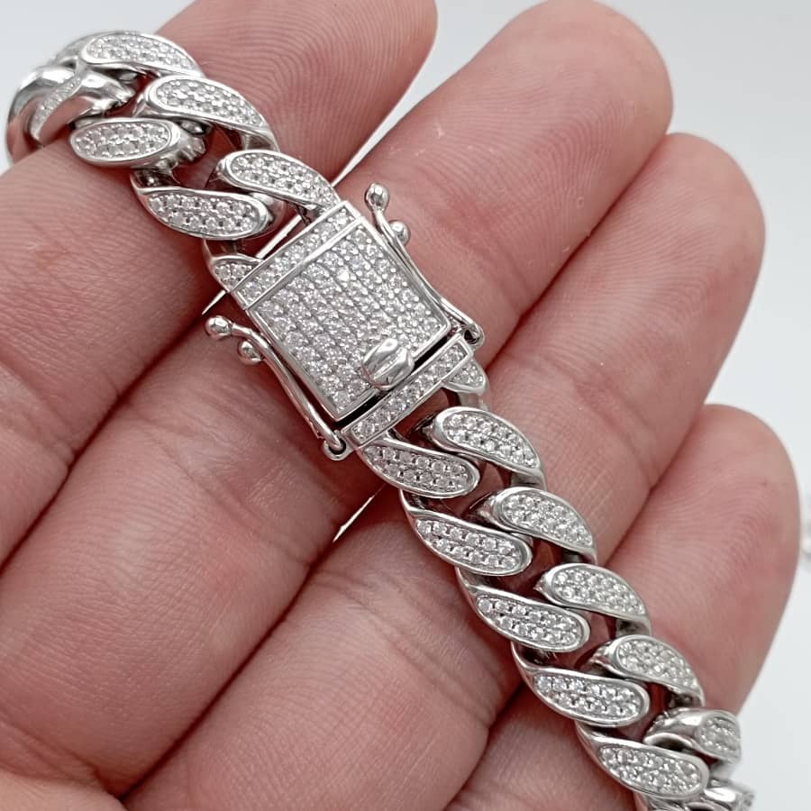 Pulsera de plata de ley 925 cubana con circonitas ancha mónaco detalle cierre