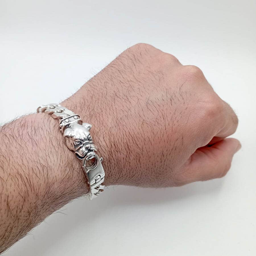Pulsera de plata de ley 925 maciza con cierre diseño cabeza de perro bull dog,  MANO